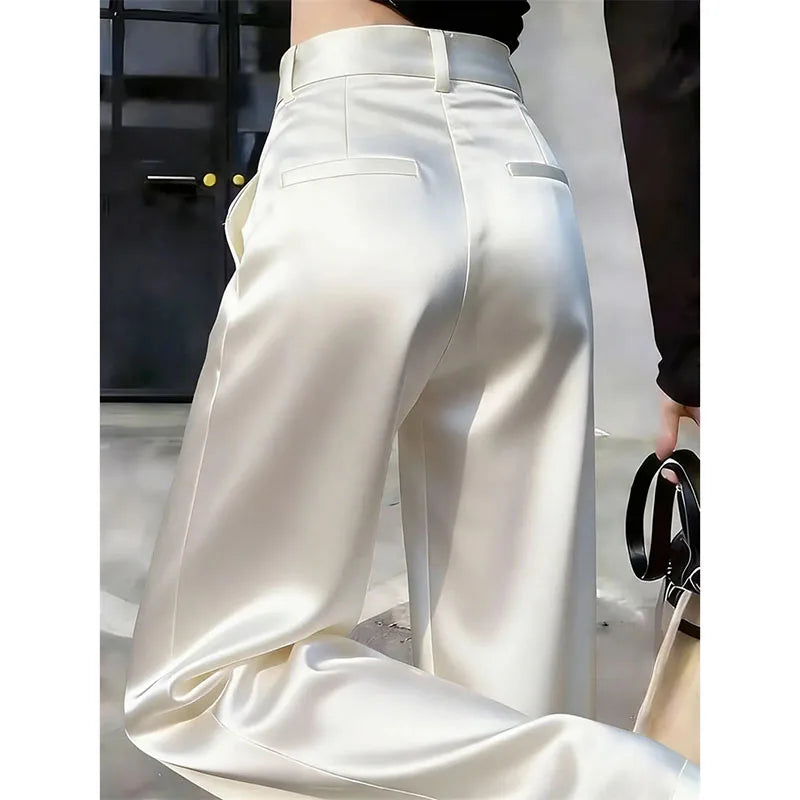High Waist Solid Color Satin Wide Leg Trousers For Women