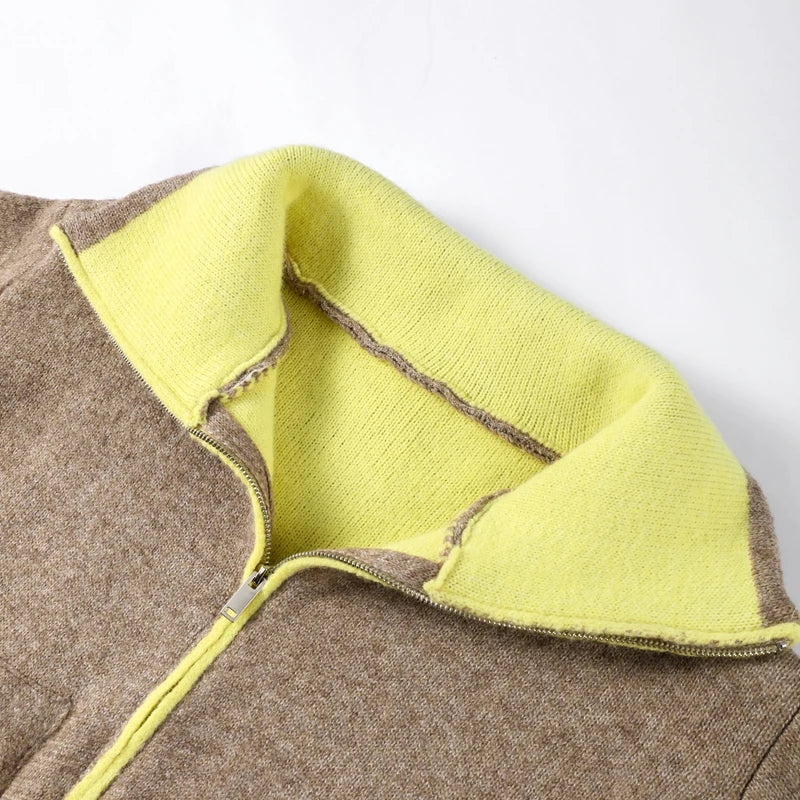 Fuzz Yellow Contrast Long Sleeve With Zipper Coat for Women