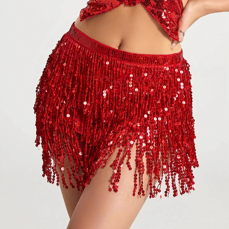 Gleaming Sequined Tassel Waist Chain Dress for Women