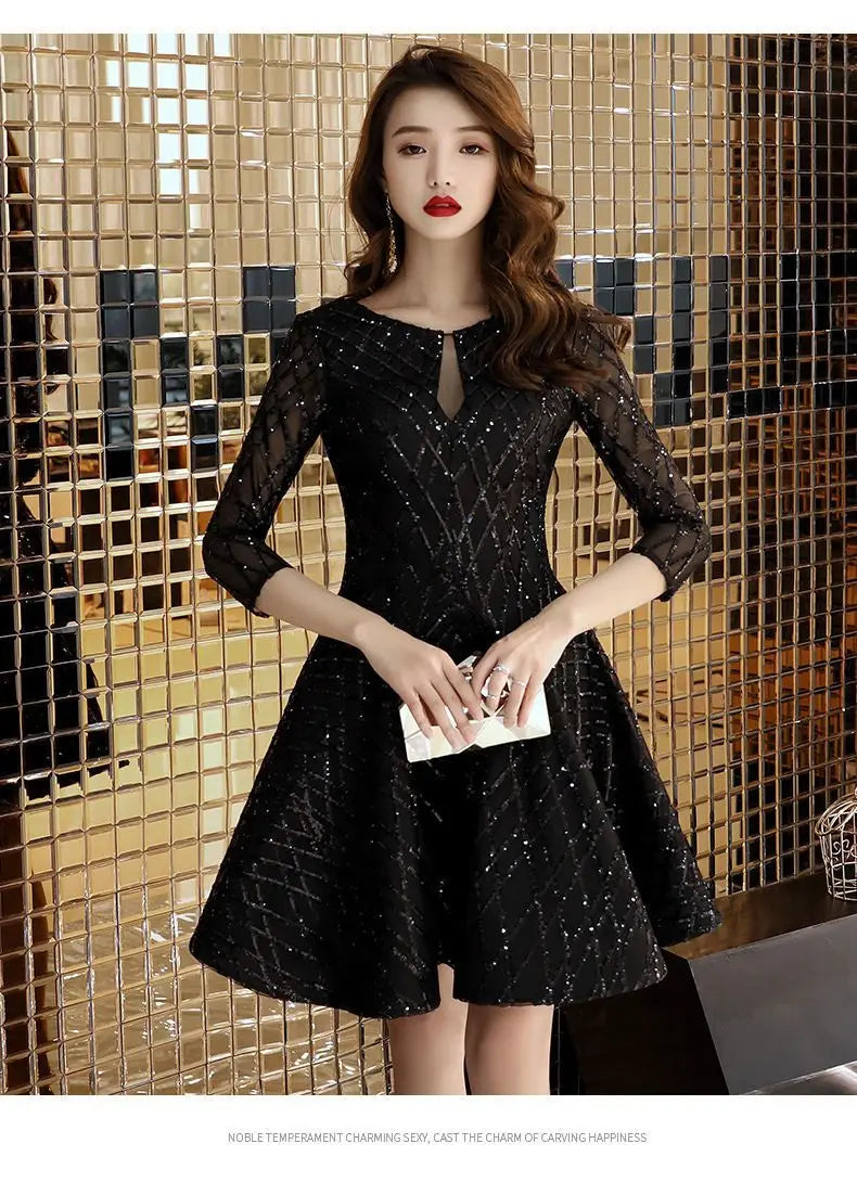 Black O-Neck Mid-Calf Evening Dress With Tatting For Women
