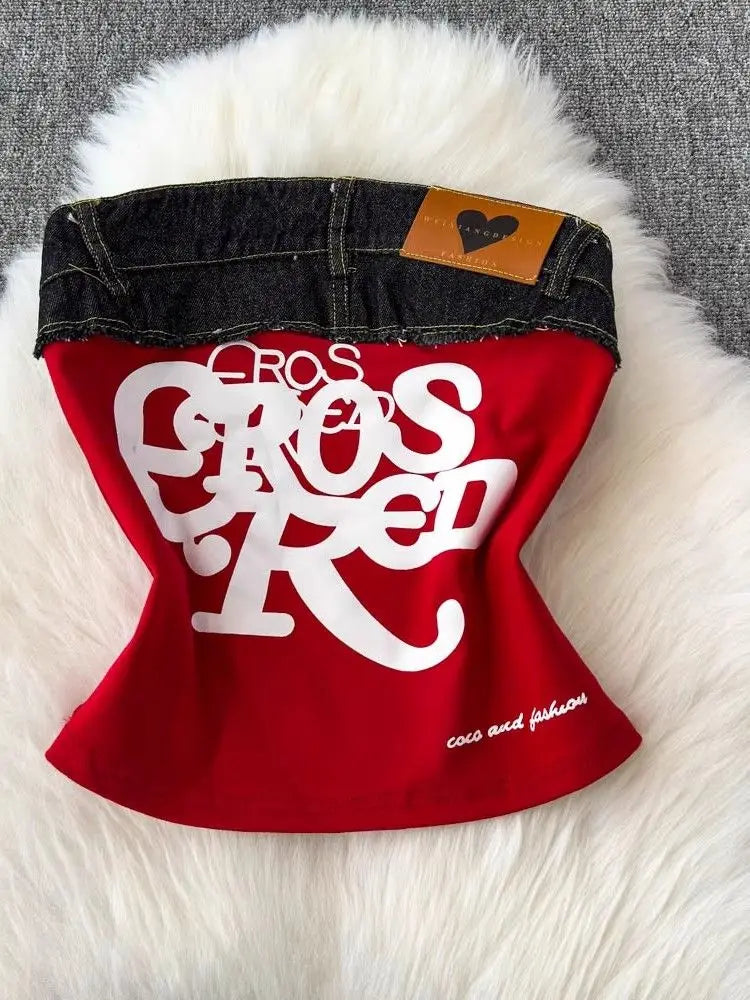 Spicy girl letter embroidered strapless top sexy women's summer retro denim patchwork slim fit camisole vest for street wear