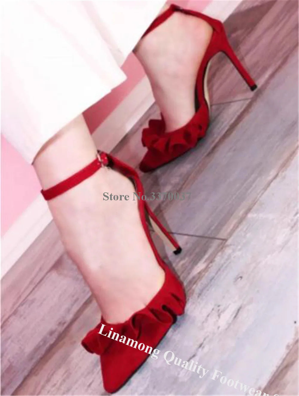 Yellow Suede Ruffle Ankle Strap Pointed Toe Stiletto Pumps For Women