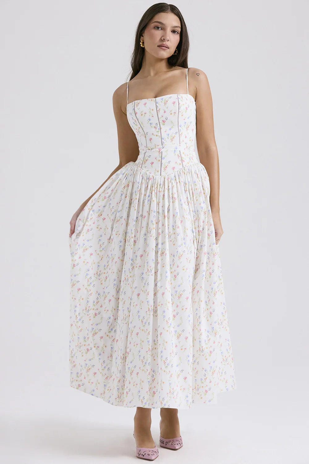 Vintage Boho Floral Print Maxi Dress with Ruffles for Women