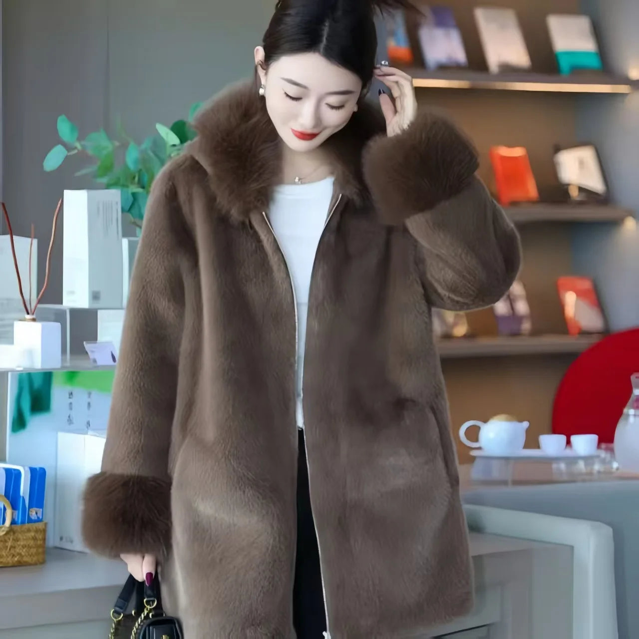Faux Mink Fur Coat for Women,Zippers Jacket,Female Clothes,Fur Collar,Thick Warm,Autumn and Winter,2025