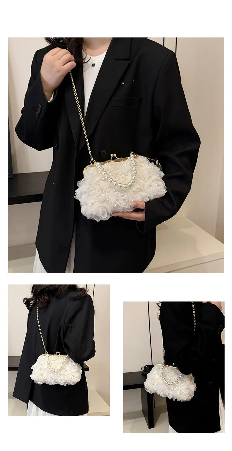 Pearl Floral Chain Evening Crossbody Bag