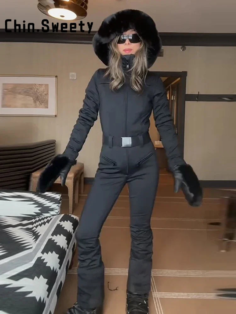 High Waist Full Zip Hooded Windproof Ski Jumpsuit For Women