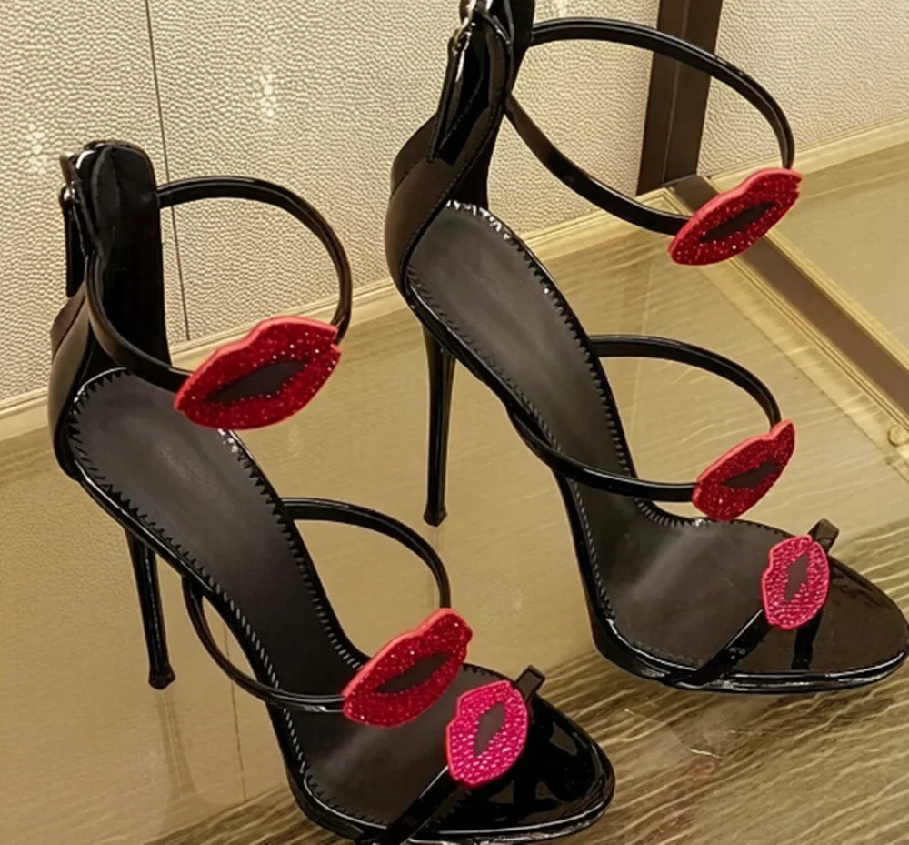 Open Toe Patent Leather Stiletto Sandals With Lip Embellishments for Women