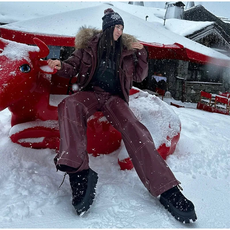 Fur Collar Women 's Leather Jackets Vintage Hooded Zipper Pockets Full Sleeve Jackets Lady 2025 New Woman Winter Coats Outwears