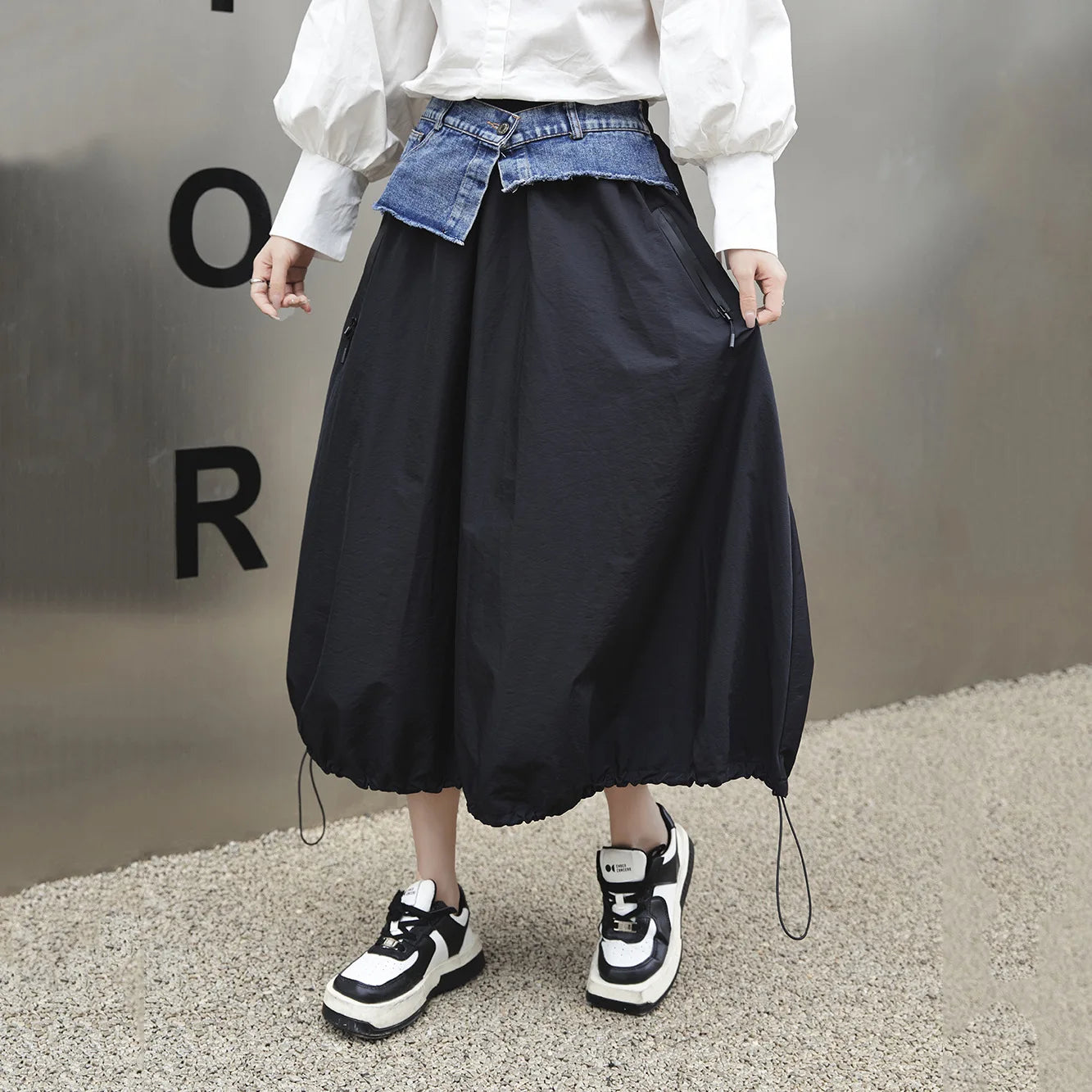 Casual Ankle-Length Spliced Denim with Contrast Color Skirt for Women
