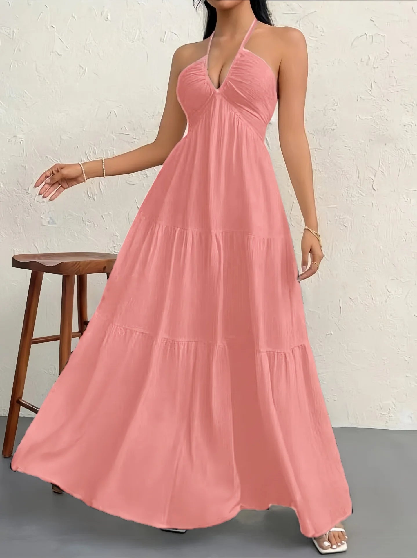 Summer 2026 Women's Trendy Deep V Shoulder Bohemian Style Dress with Belt for Wedding Festival Party Casual Wear