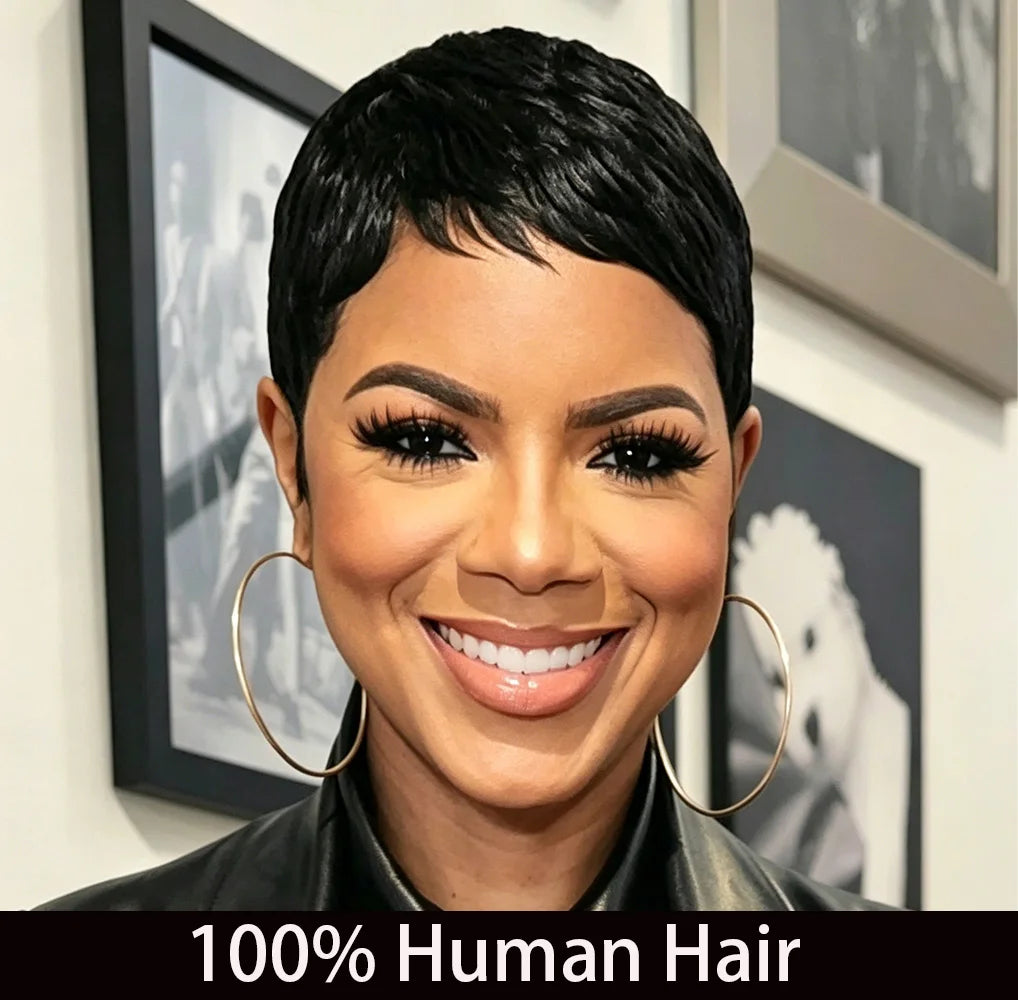 Short Pixie Cut Human Hair Wig With Bangs for Women