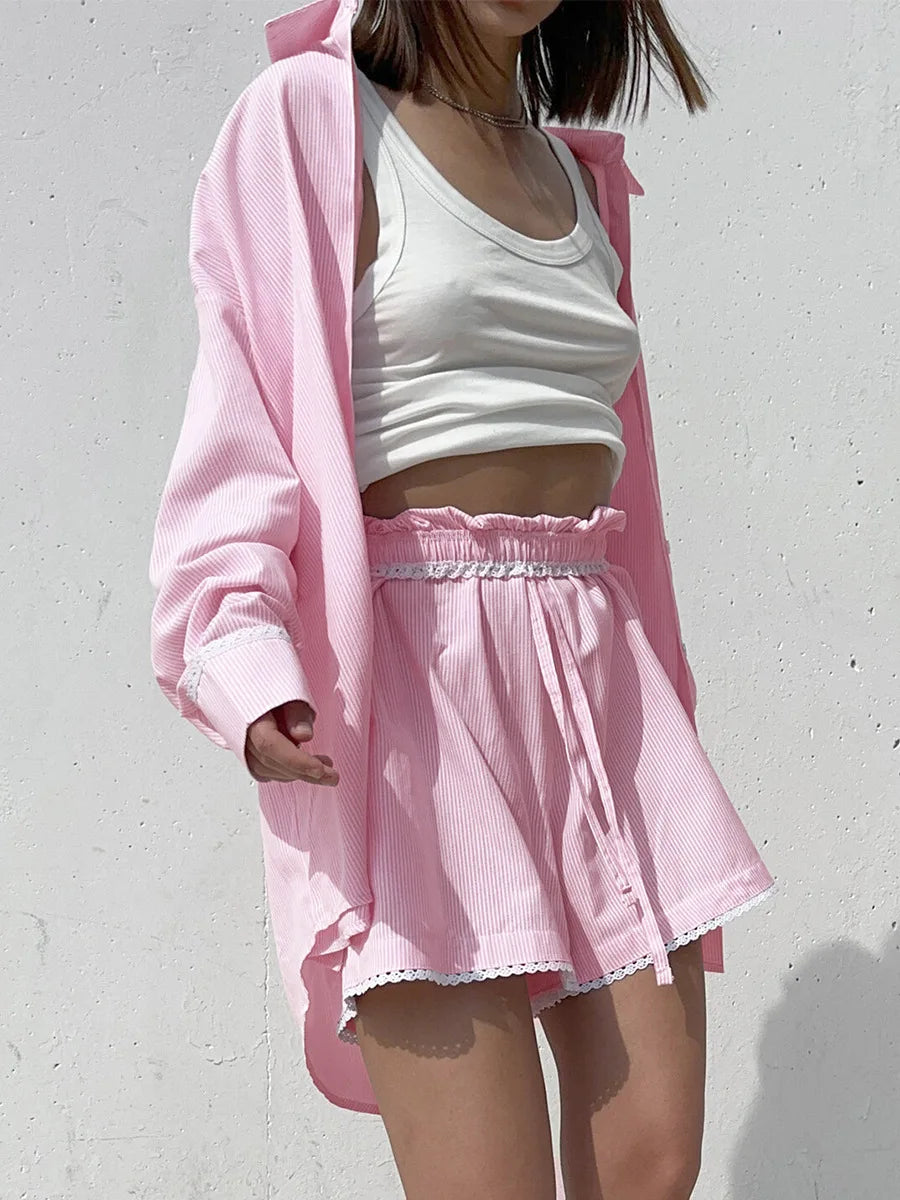 Striped Long Sleeve Cotton Shirt And Shorts Set For Women