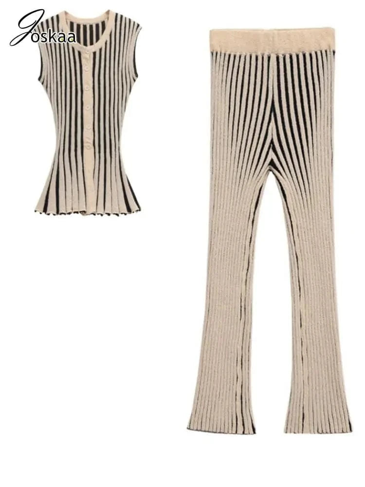 Joskaa 2025 Women's Striped Knit Two Piece Set Casual O-Neck Sleeveless Sweater Vest and Flared Pants Matched Vintage Streetwear