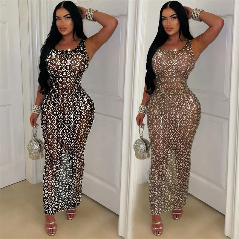 Sparkly Rhinestones Diamonds Evening Birthday Dress Women Luxury Night Party Tank Sleeveless Mesh See Through Prom Long Dresses