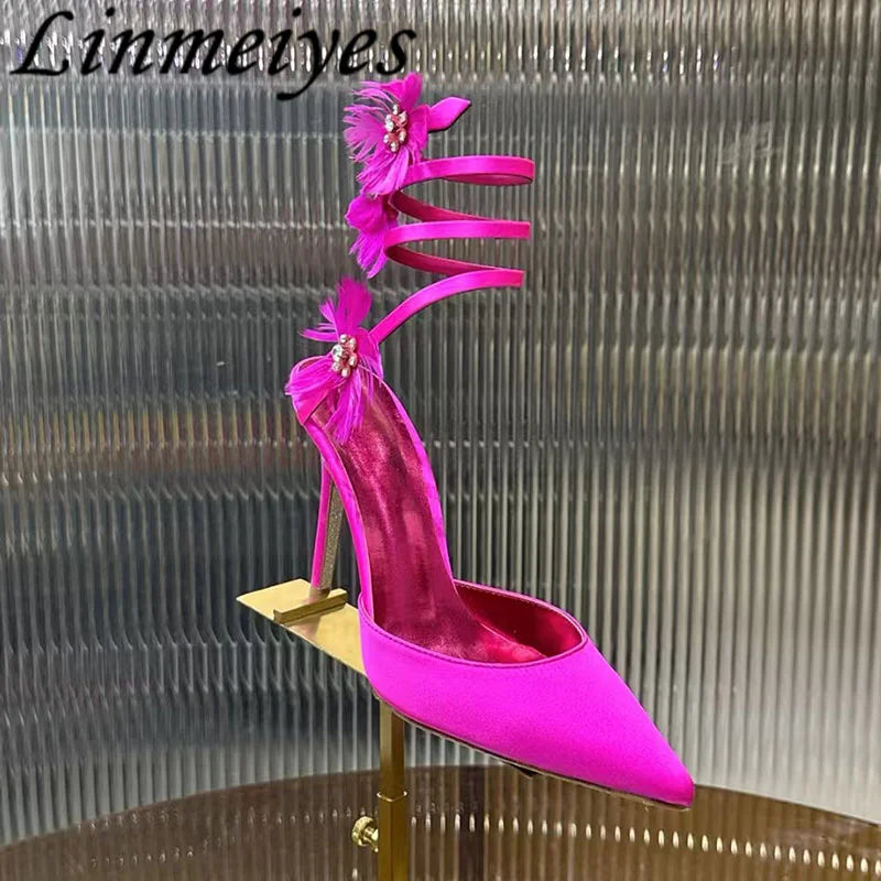 Rhinestone Feather Flower Embellished Ankle Strap High Heel Sandals for Women