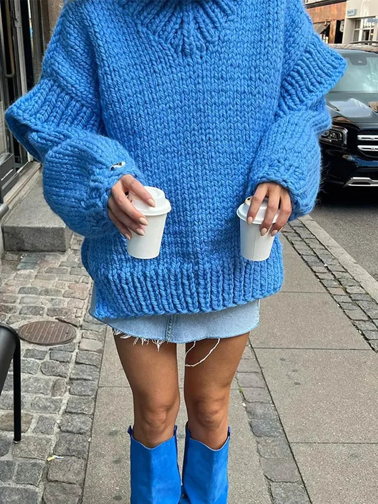 Oversized Knit Turtleneck Sweater With Lantern Sleeves For Women