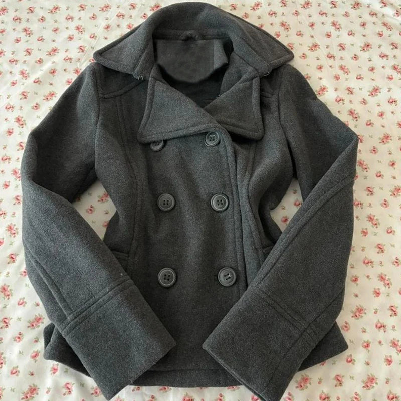 Vintage Double Breasted Stand Collar Pea Coat for Women