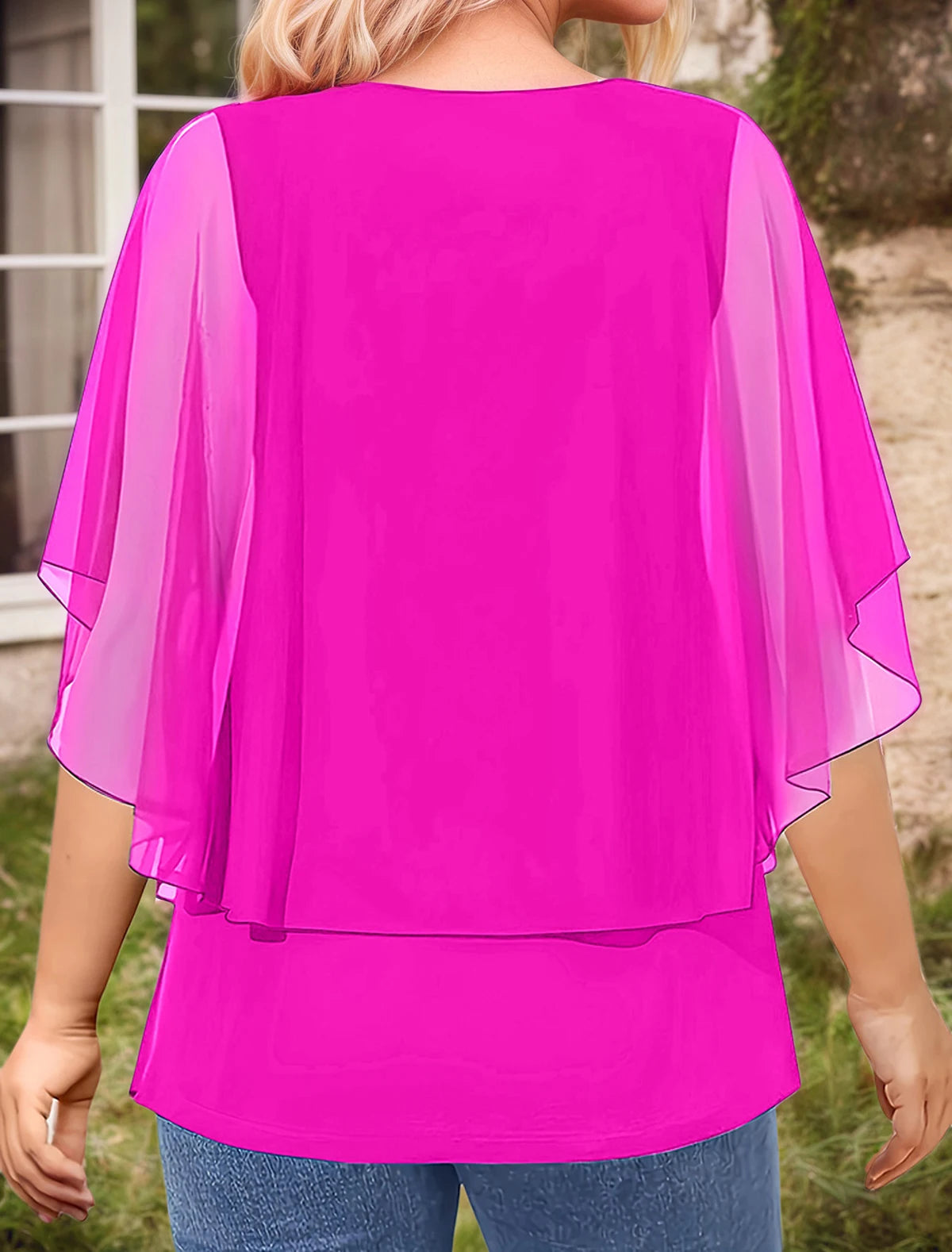 Women’s Plus Size Elegant Blouse Lace Patchwork 3/4 Sleeve Chiffon V-Neck Sequins Printed T-Shirt Double Layer Loose Female Tees