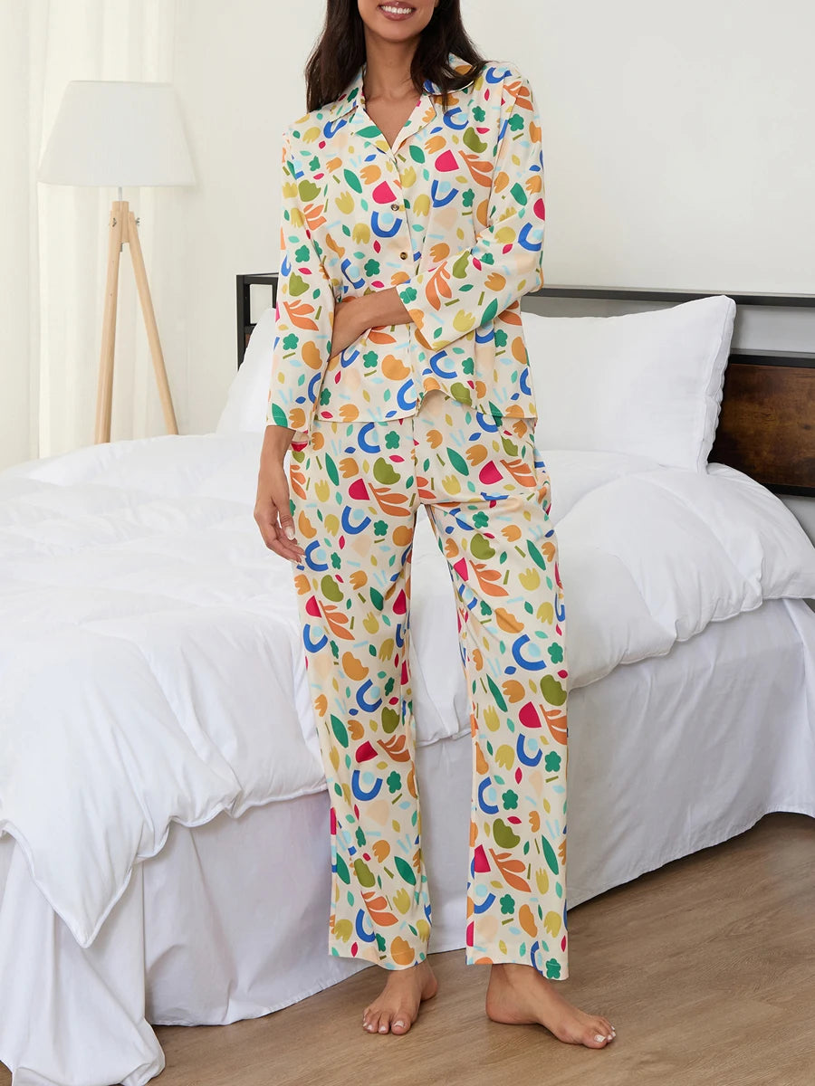 Women Pajamas Set 2 Pieces Loungewear Suits Fashion Print Button up Long Sleeve Tops and Elastic Pants Sleepwear Outfits Pjs