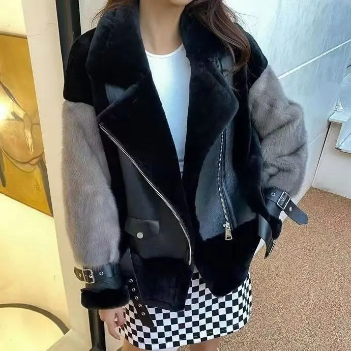 Women Coat Faux Fur Coats Biker Jackets Belt Pocket Turn Down Collar Long Sleeves Zipper Fly Loose Streetwear 2025 Autumn Winter