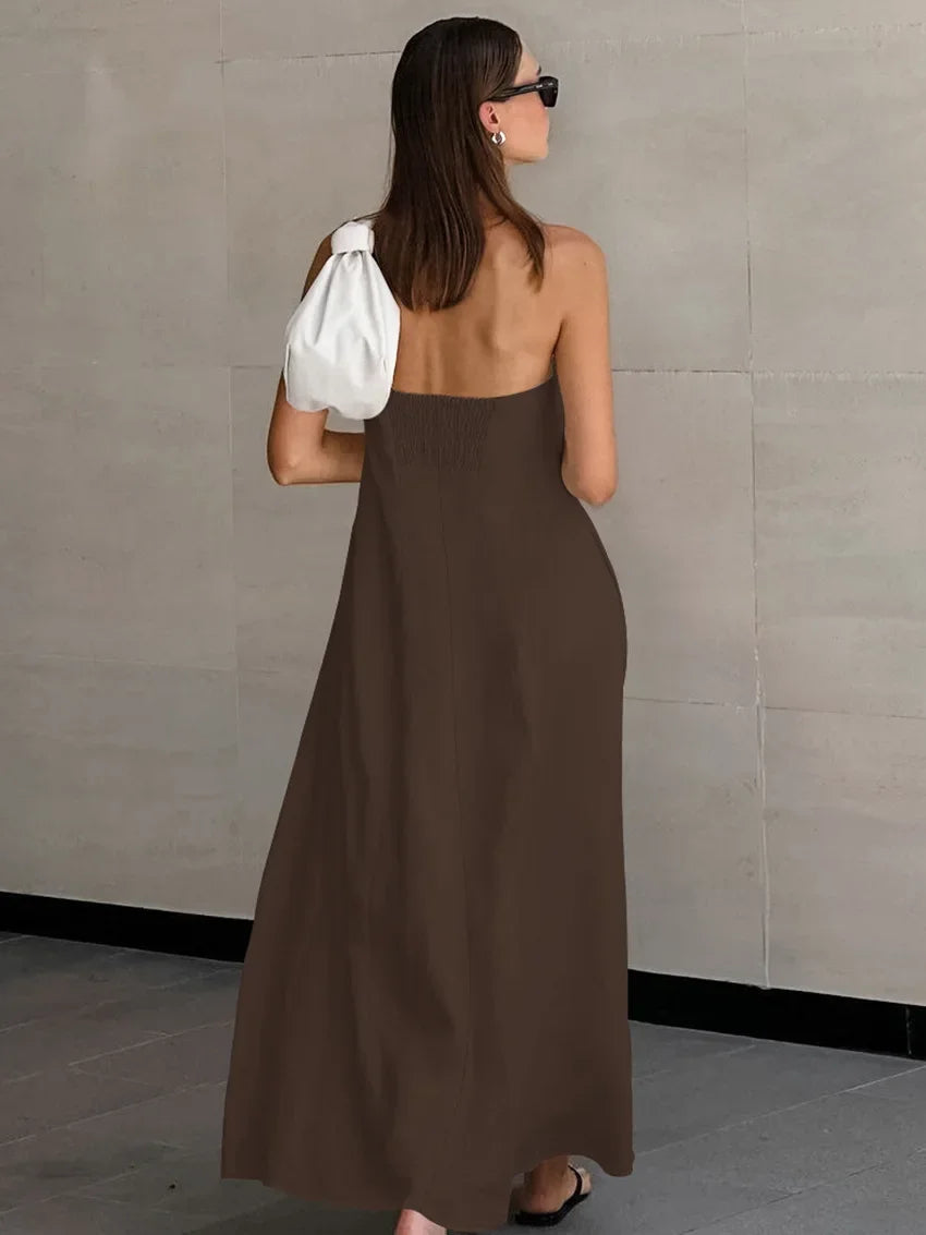 Solid Color Strapless Sleeveless Pocket Dress for Women