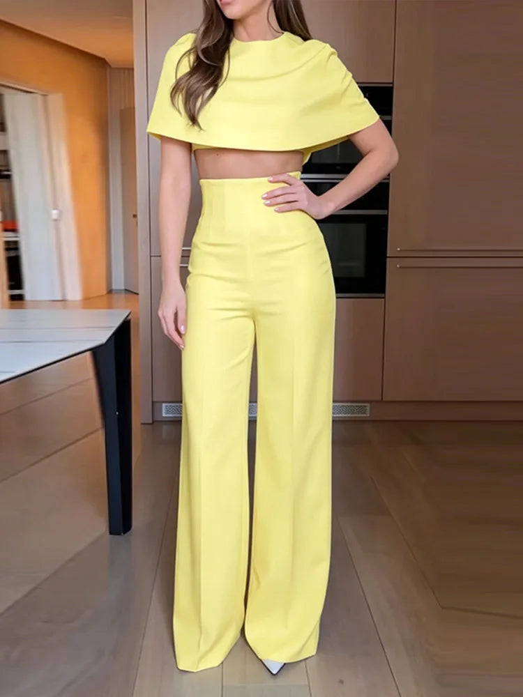 Elegant Wide Leg Pants And Blazer Three Piece Set For Women
