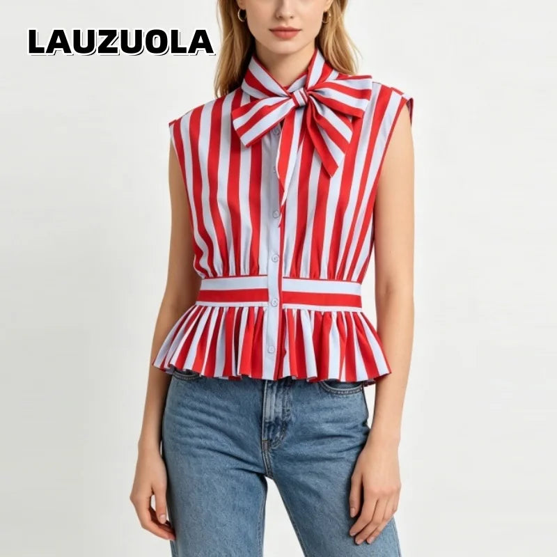 Chic Striped Sleeveless Bow Tie Collar Blouse for Women