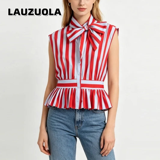 Chic Striped Bow Tie Collar Blouse