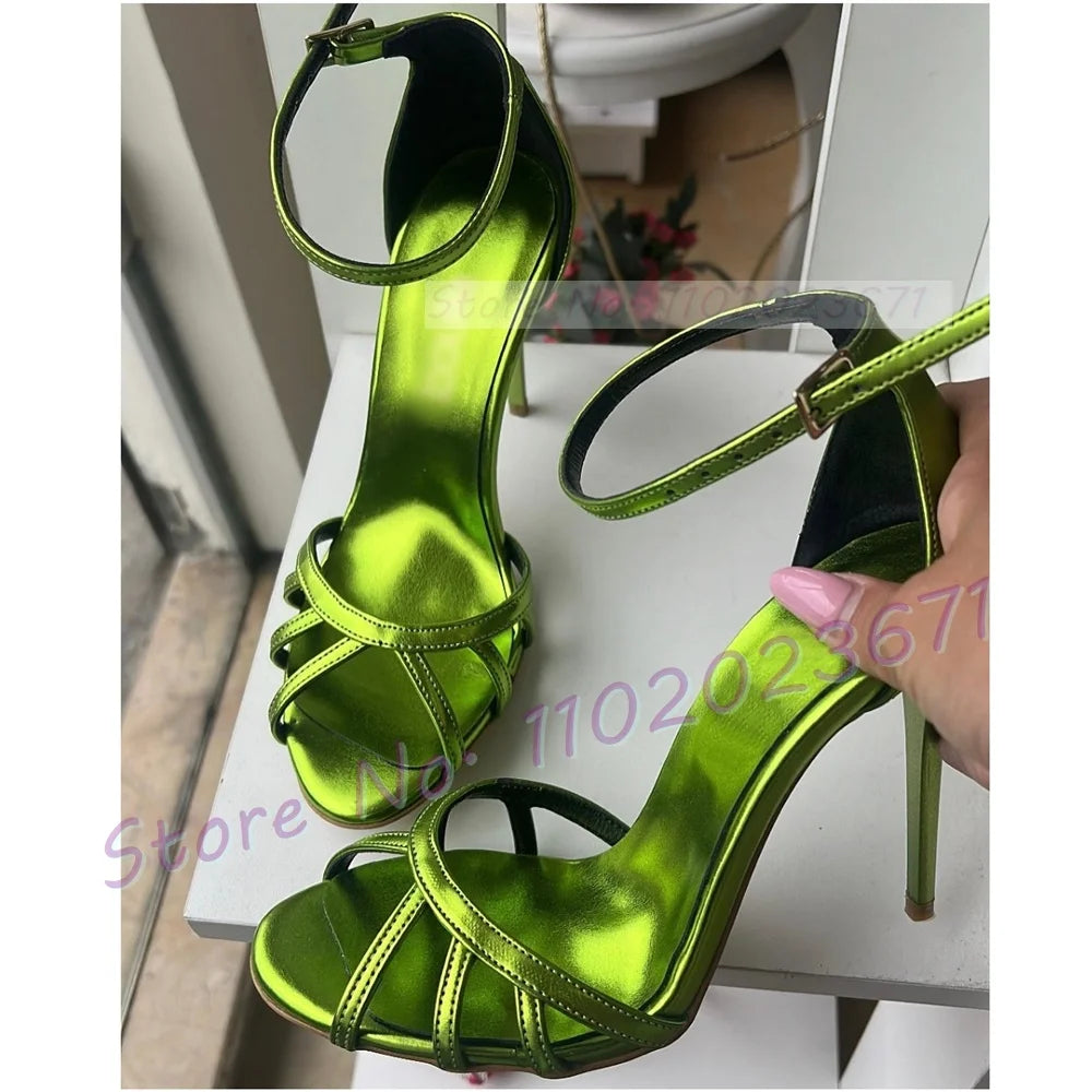 Metallic Green Open Toe Cross Strap Sandals for Women