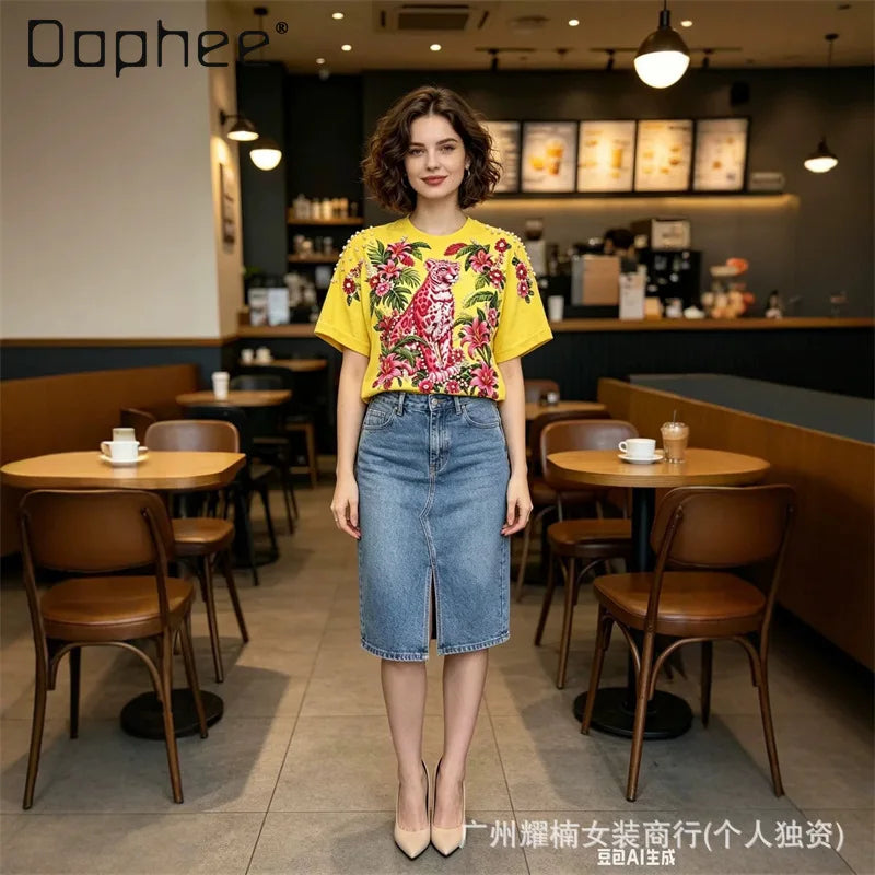 Relaxed Fit Beaded Animal Print Crew Neck Tee For Women