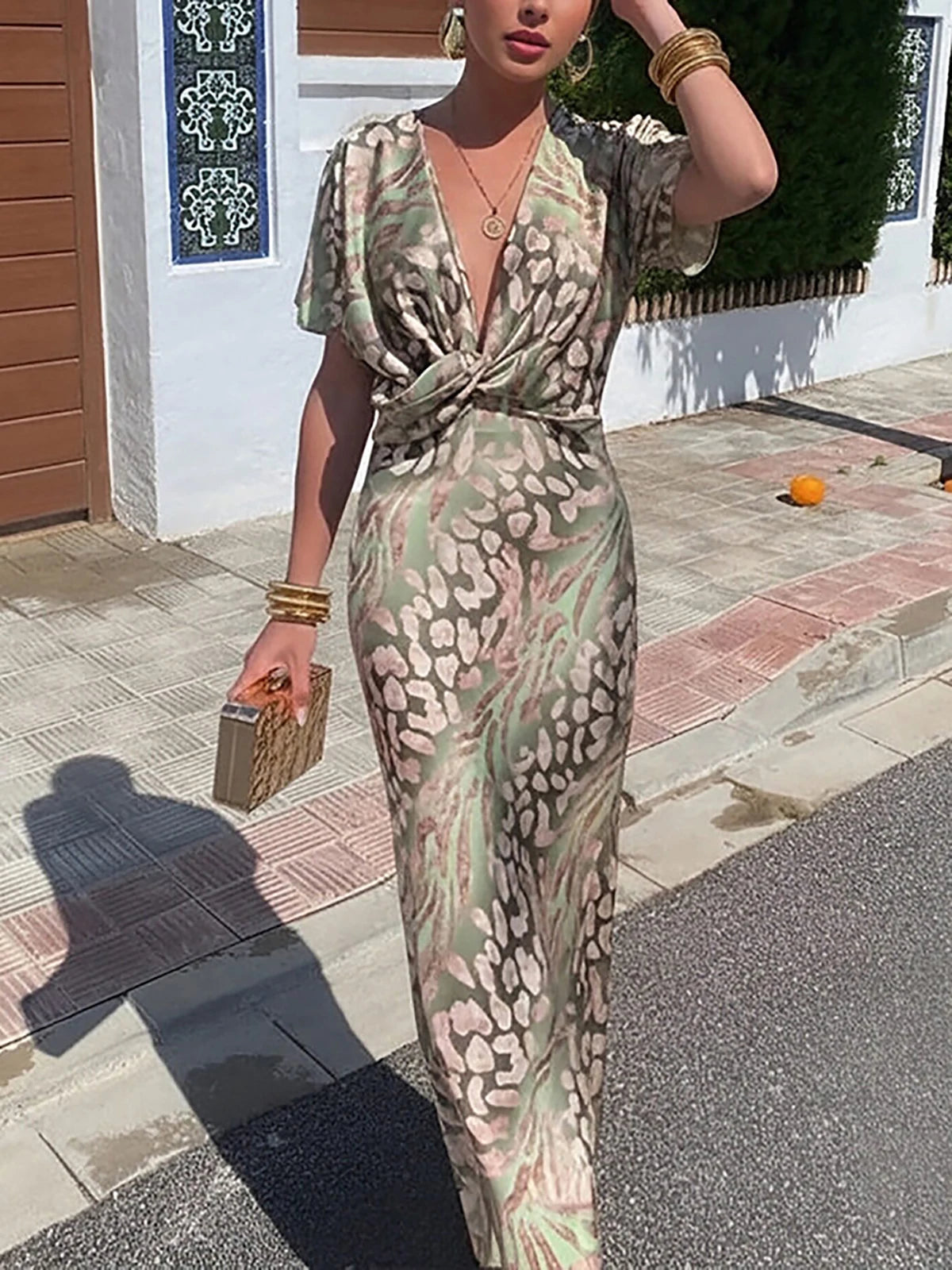 Elegant Satin Leopard Print Bodycon Maxi Dress For Women
