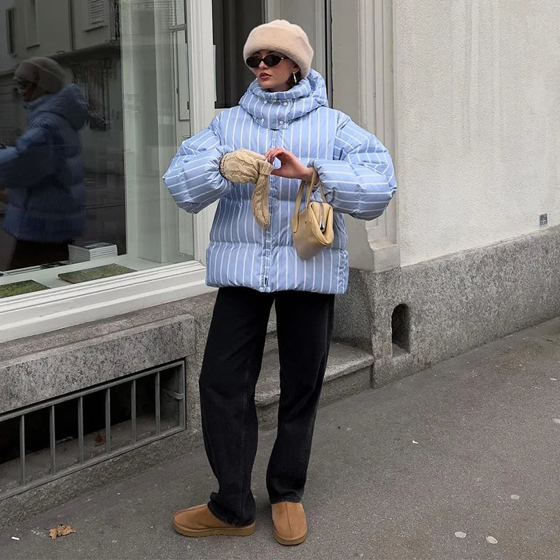 Striped Cotton Quilted Coat Single Breasted for Women