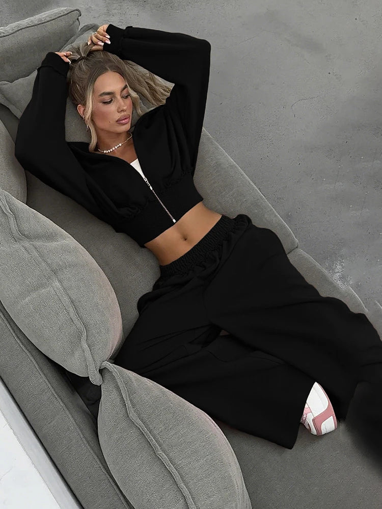 Patchwork Zip Hooded Crop Tracksuit Set