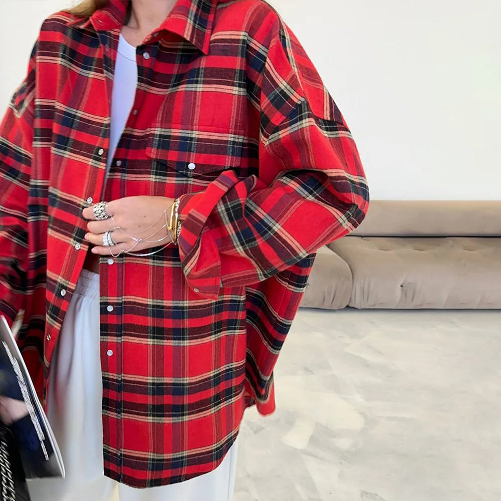 FSMG-Versatile Plaid Shirt For Women, Red Bright Grid, Oversized Blouse, Leisure And Fashionable Top, Spring And Autumn Seasons