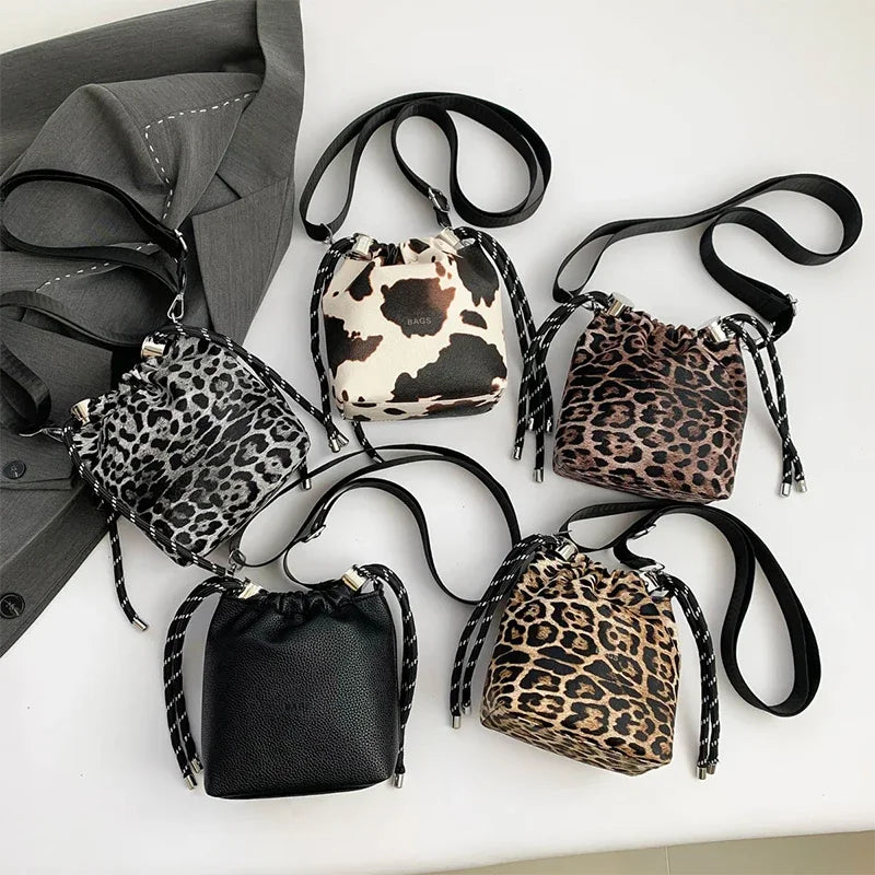 New Leopard Print Bag Fashion Cow Pattern Drawstring Bucket Bag Texture Brand Design Crossbody Bag Lady Versatile Storage Bag
