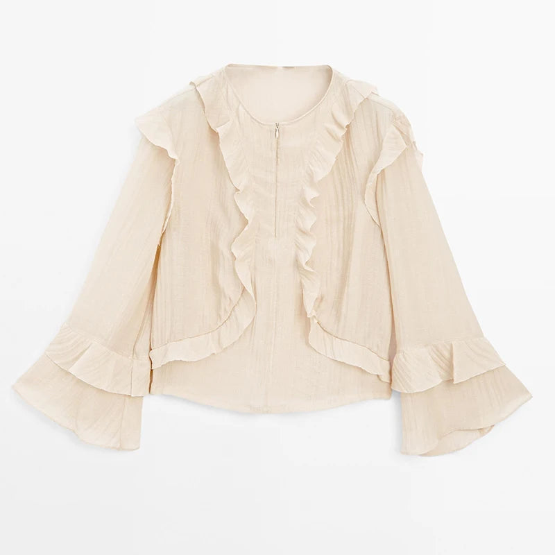Women Shirt Loose Casual Ruffled Edges Female Blouses V Neck Lace Up Short  Woman Shirts Spring Summer Blouse Top 2025 New