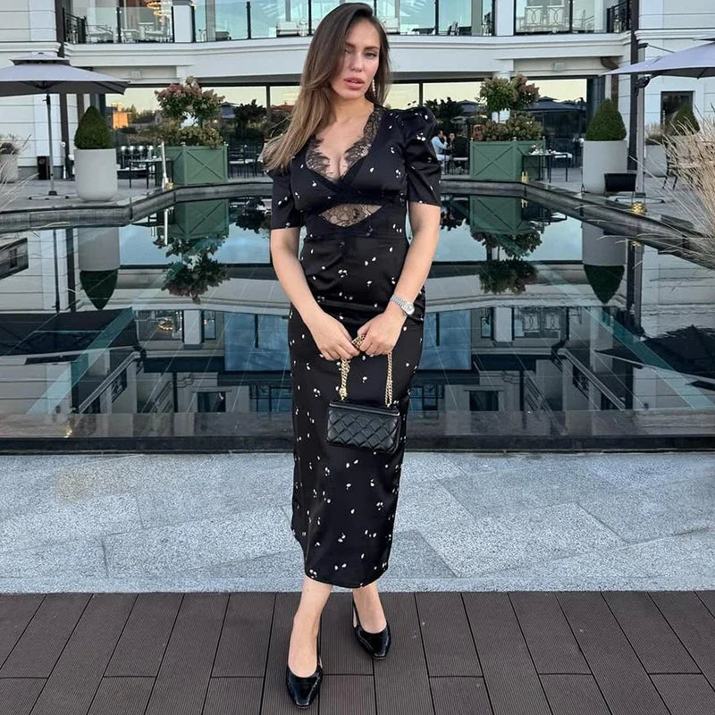 Floral Print Hollow Lace Dress