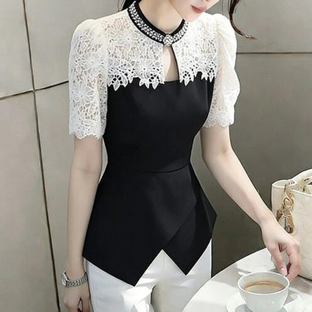 Chic Black Lace Spliced Short Sleeve Summer Shirt For Women