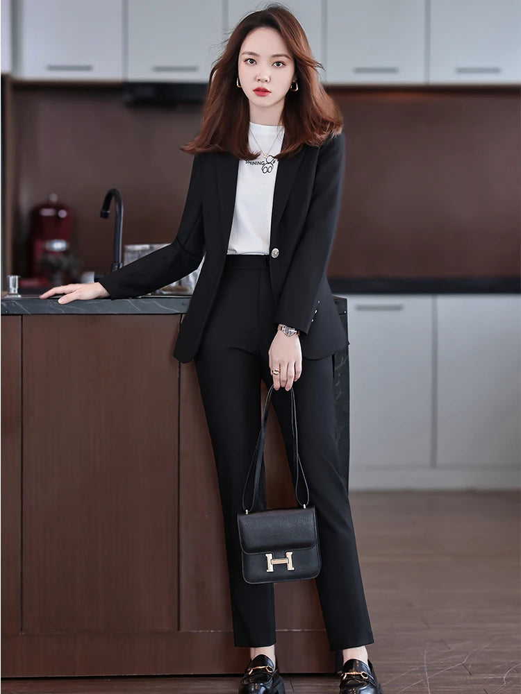 Women Blue Navy Black Formal Blazer Pant Suit Female Solid Jacket and Trouser 2 Piece Set For Office Ladies Winter Work Wear
