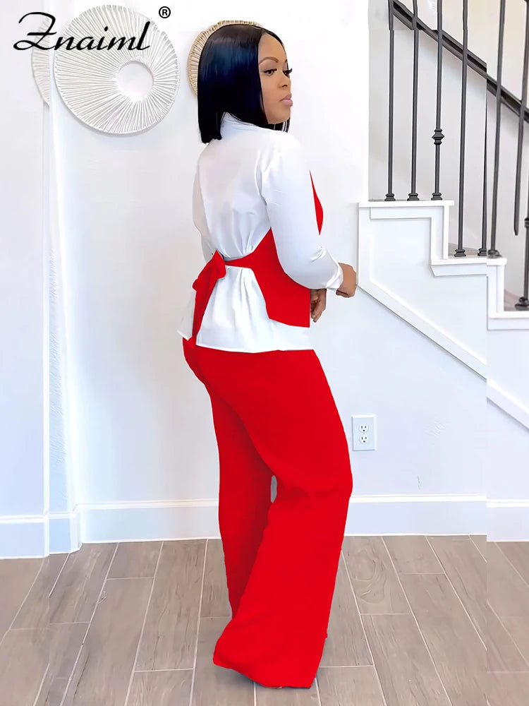 Znaiml Elegant Office Women's Long Sleeve Patchwork Vest Shirt and Straight Pants Two 2 Piece Sets Work Suits Matching Outfits