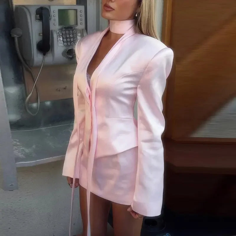 Turn-Down Collar Tailored Blazer Skirt Set for Women