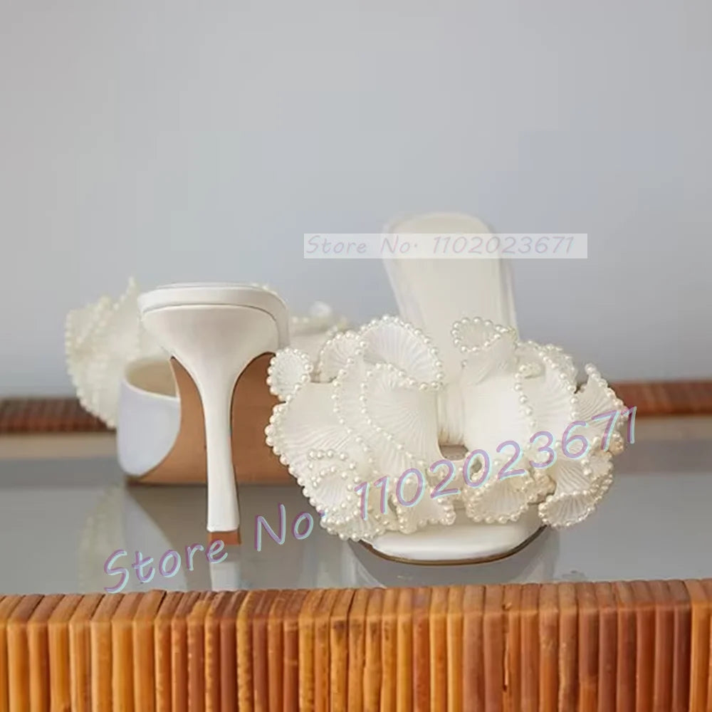 Satin Floral Open Toe Mules With Pearl Trim For Women