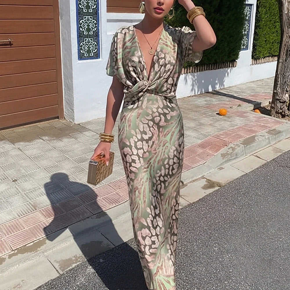 Elegant Satin Leopard Print Bodycon Maxi Dress For Women