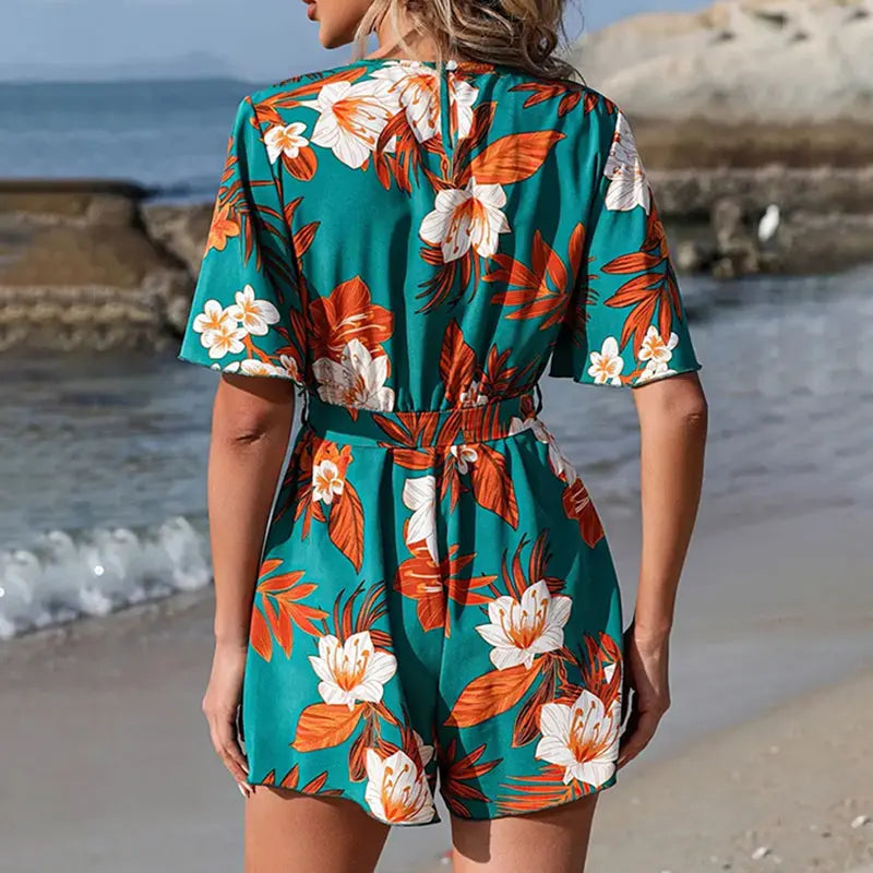 Bohemian Floral Print Short Jumpsuits For Women Summer Short Sleeve Wide Legs One Pieces  Elegant 2024 Beach Wear Casual Outfit