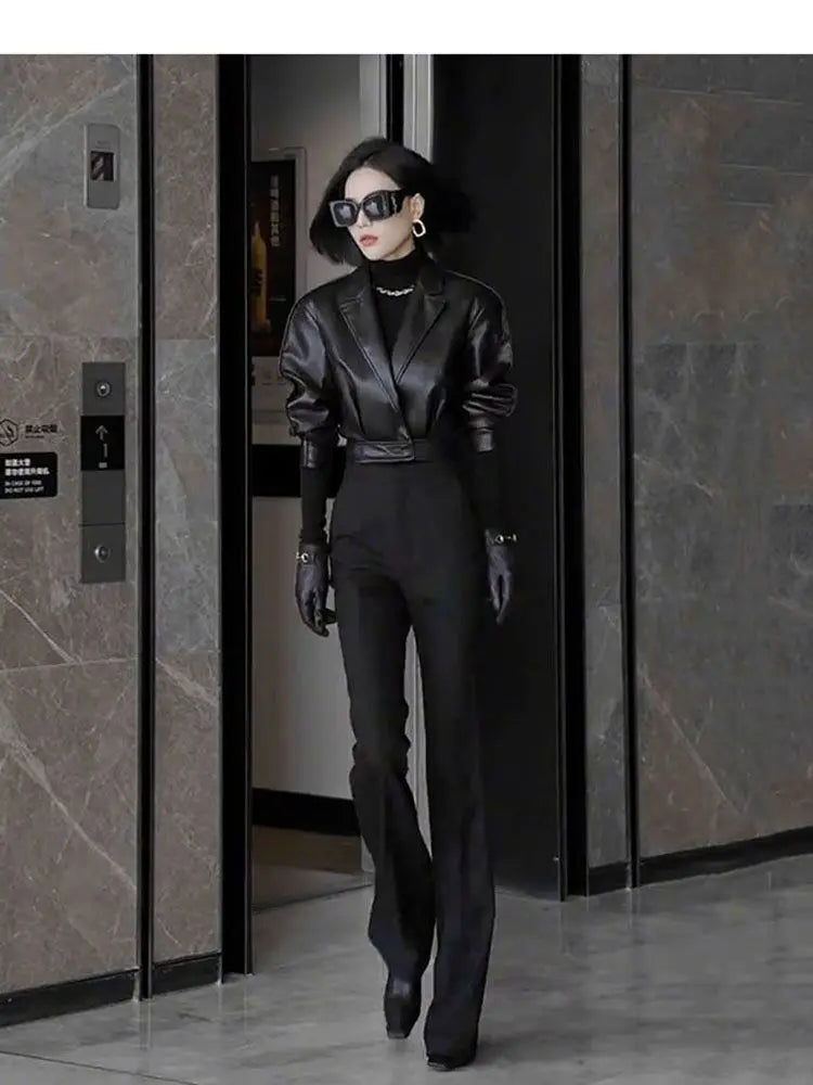 Trendy Faux Leather Blazer And Flared Pants Set For Women