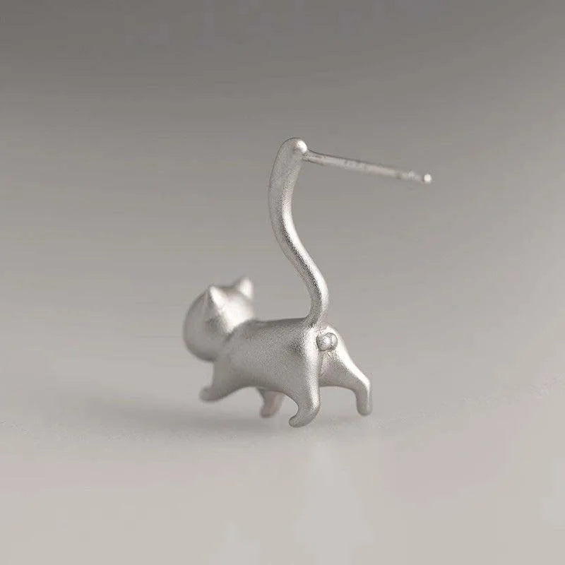 Silver Tone Cat Stud Earrings