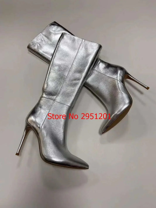 Silver Crystal Square Knee High Boots