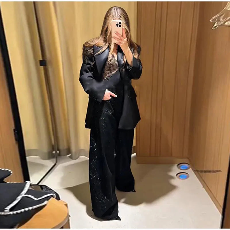 Sequined High Waist Wide Leg Pants with Pockets for Women