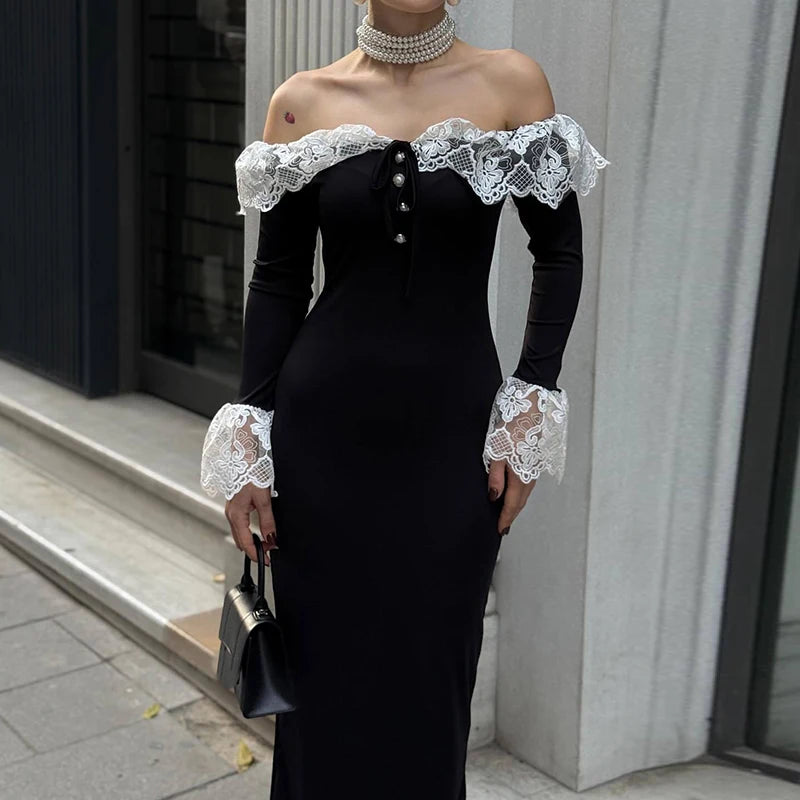 Elegant Off Shoulder Ruffle Wrap Hip Dress 2026 Sexy Lace Splicing Solid Long Dress Women's Casual Flared Sleeves Party Dresses