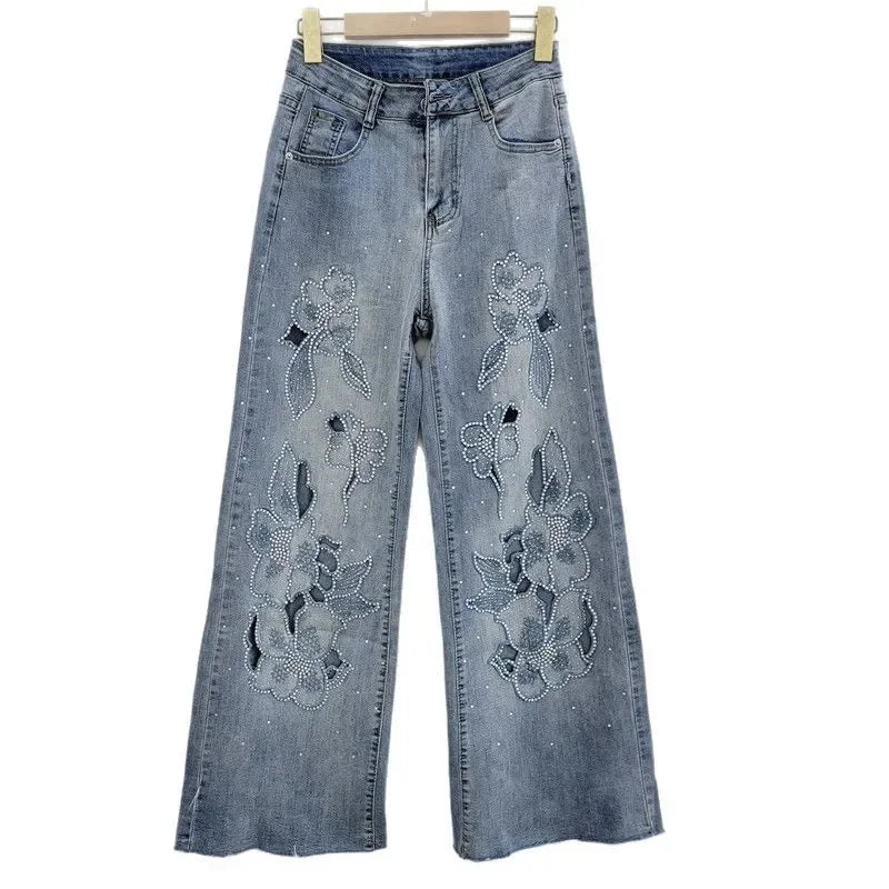 Fashion Women's Jeans High Waist Embroidery Flowers Burrs Edge Straight Wide Leg Denim Pants New 2025 Summer Street Trousers